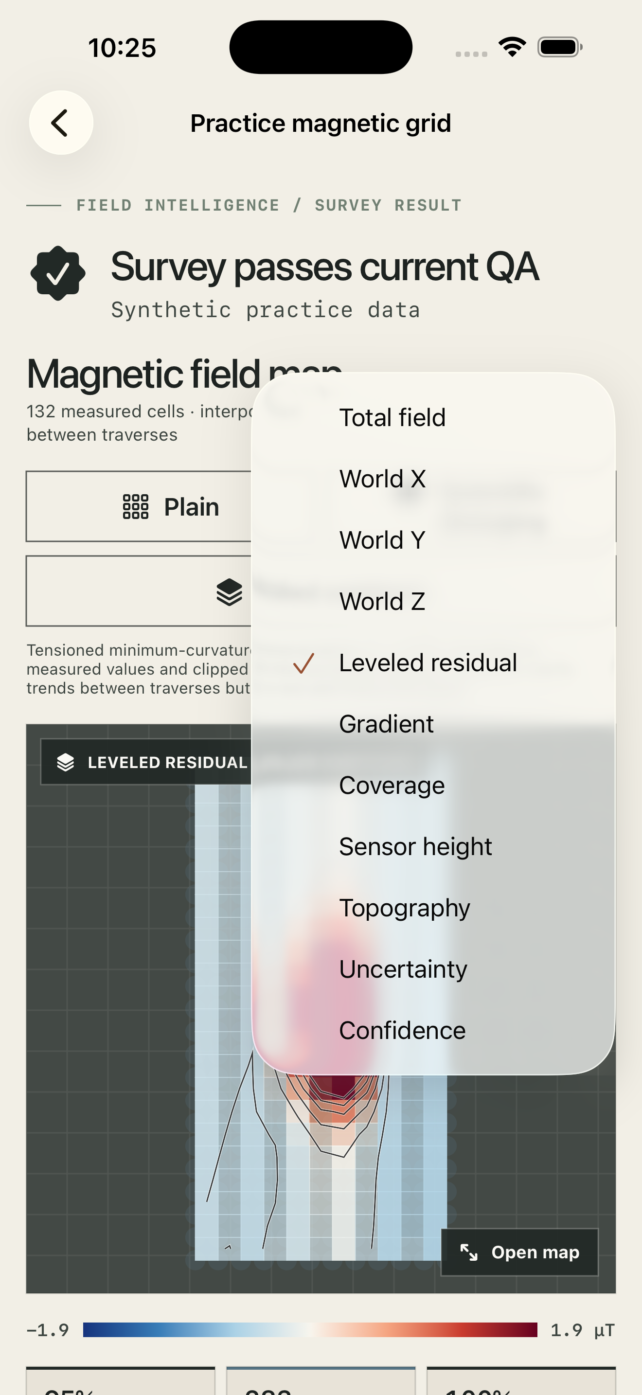 MagTraverse magnetic-field map on iPhone with selectable processing and quality layers.
